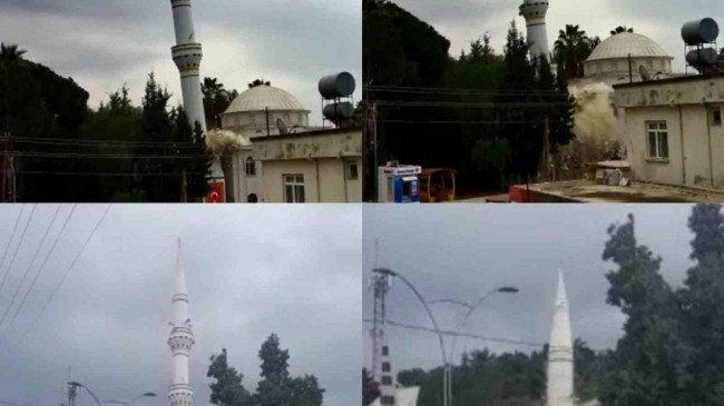 Kontrollü yıkımda cami minaresi böyle çöktü